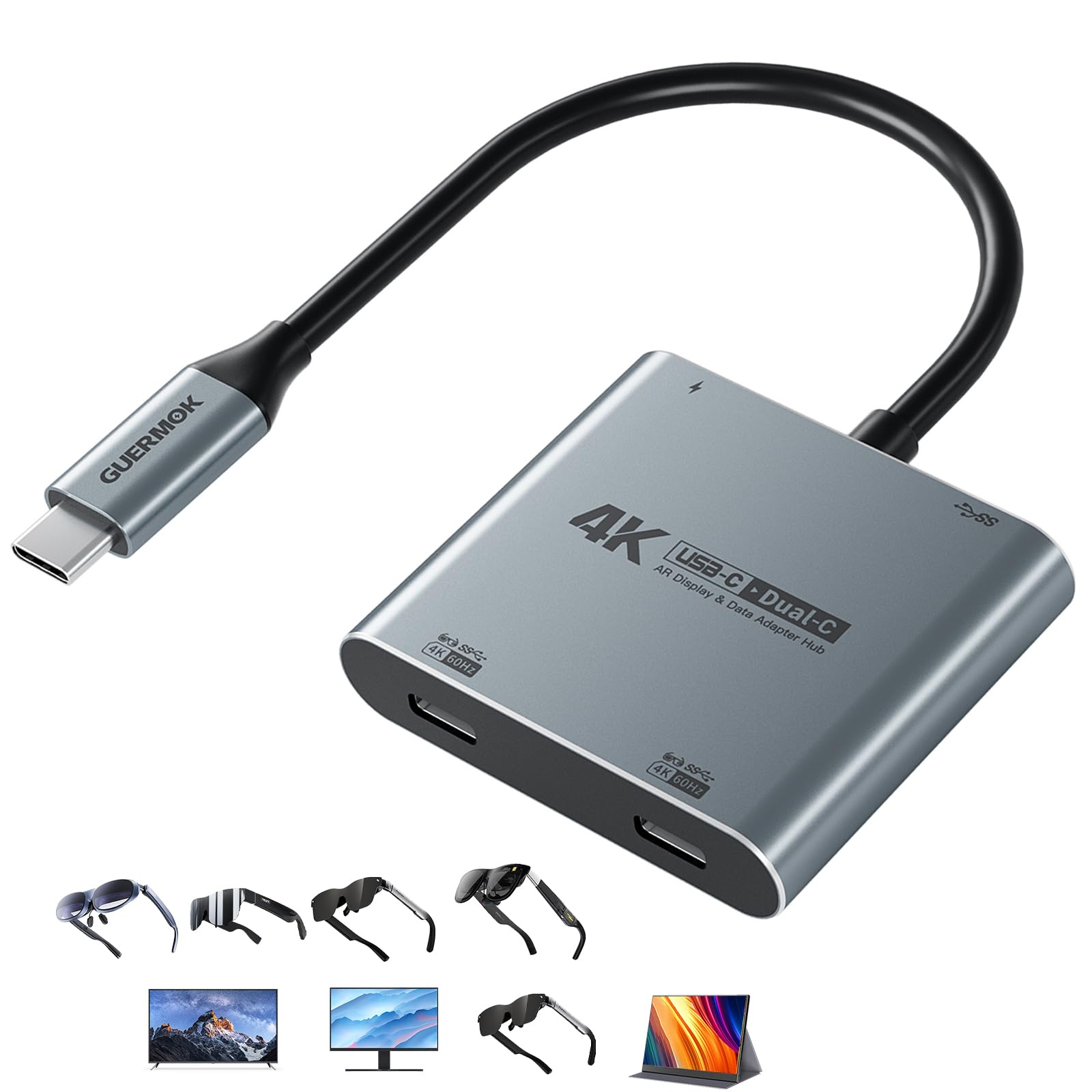 Guermok 4-in-1 Dual USB-C Display Hub, 4K@60Hz Video, PD 100W Fast Charging & USB 3.0 5Gbps, Compatible with AR Glasses, Switch