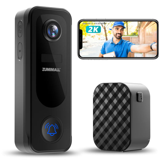 ZUMIMALL Doorbell Camera Wireless No Subscription - 2K Video Doorbell with Chime, 2 Way Audio, Anti-Theft, PIR Human/AI Detectio