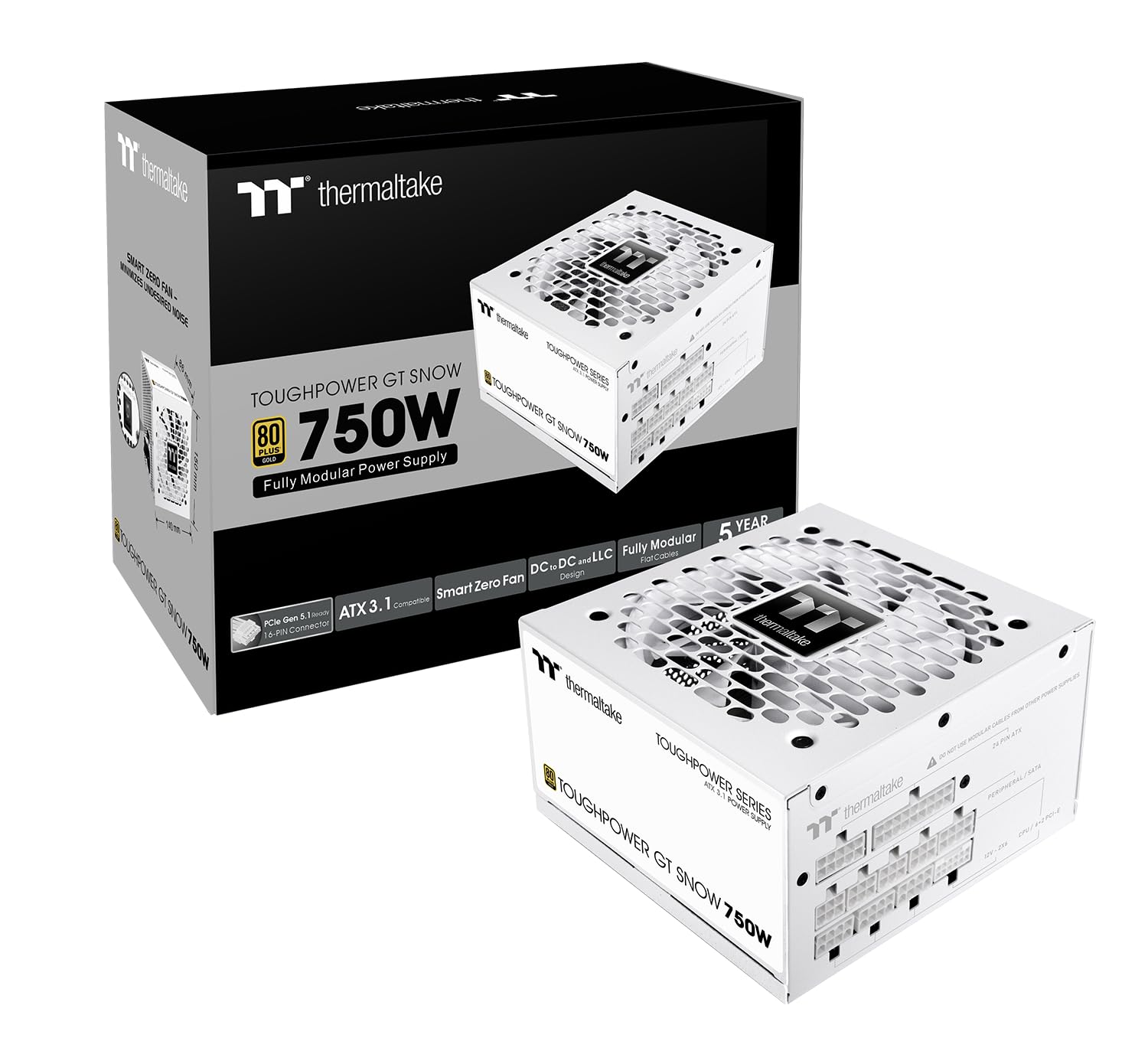 Thermaltake Toughpower GT 750W Snow ATX 3.1 Power Supply; 80 Plus Gold Efficiency; Smart Zero Fan; Native 600W PCIe 5.1 Connecto