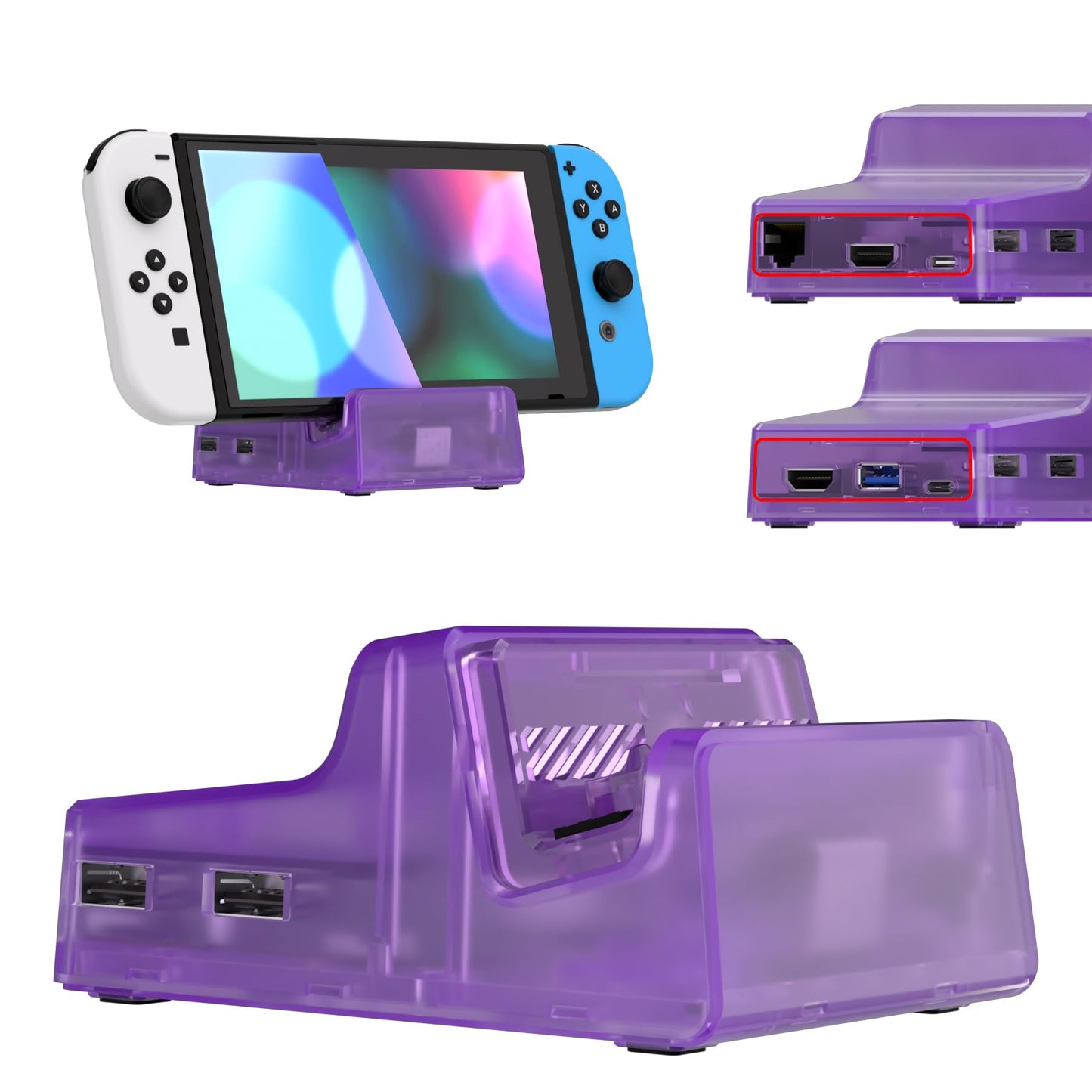 eXtremeRate AiryDocky DIY Kit Clear Atomic Purple Replacement Case for Nintendo Switch Dock, Redesigned Portable Mini Dock Shell