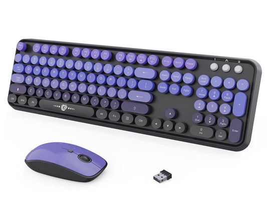 Wireless Keyboard Mouse Combo,104 Round Keys Cute Colorful Keyboard with Retro Typewriter Style,Letton Full Size Keyboard with N