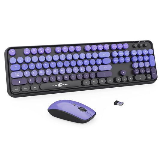 FOPETT Wireless Keyboard and Mouse Combo - 2.4G Full-Sized Cute Colorful Mouse and Keyboard with 104 Round Keys Retro Typewriter