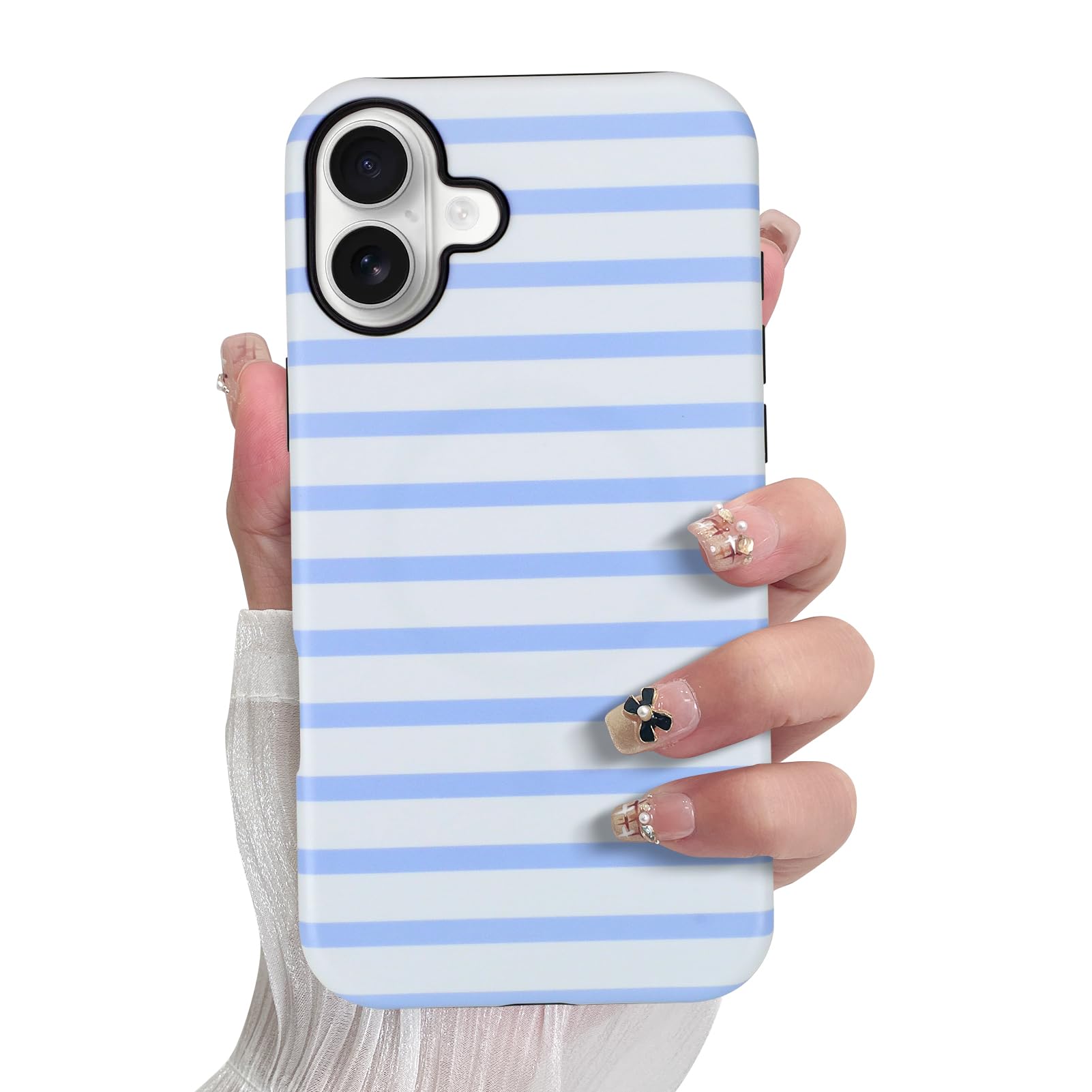 SOKAD Magnetic Horizontal Stripes Phone Case for iPhone 16, Cute Light Blue Striped Line Pattern Compatible with Magsafe Matte P