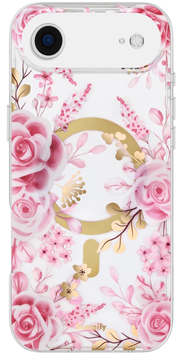 SCORPIFY for iPhone 17 Air Case [Compatible with MagSafe] with Pastel Pink Rose Floral Design, Cute Clear Flower Magnetic Phone