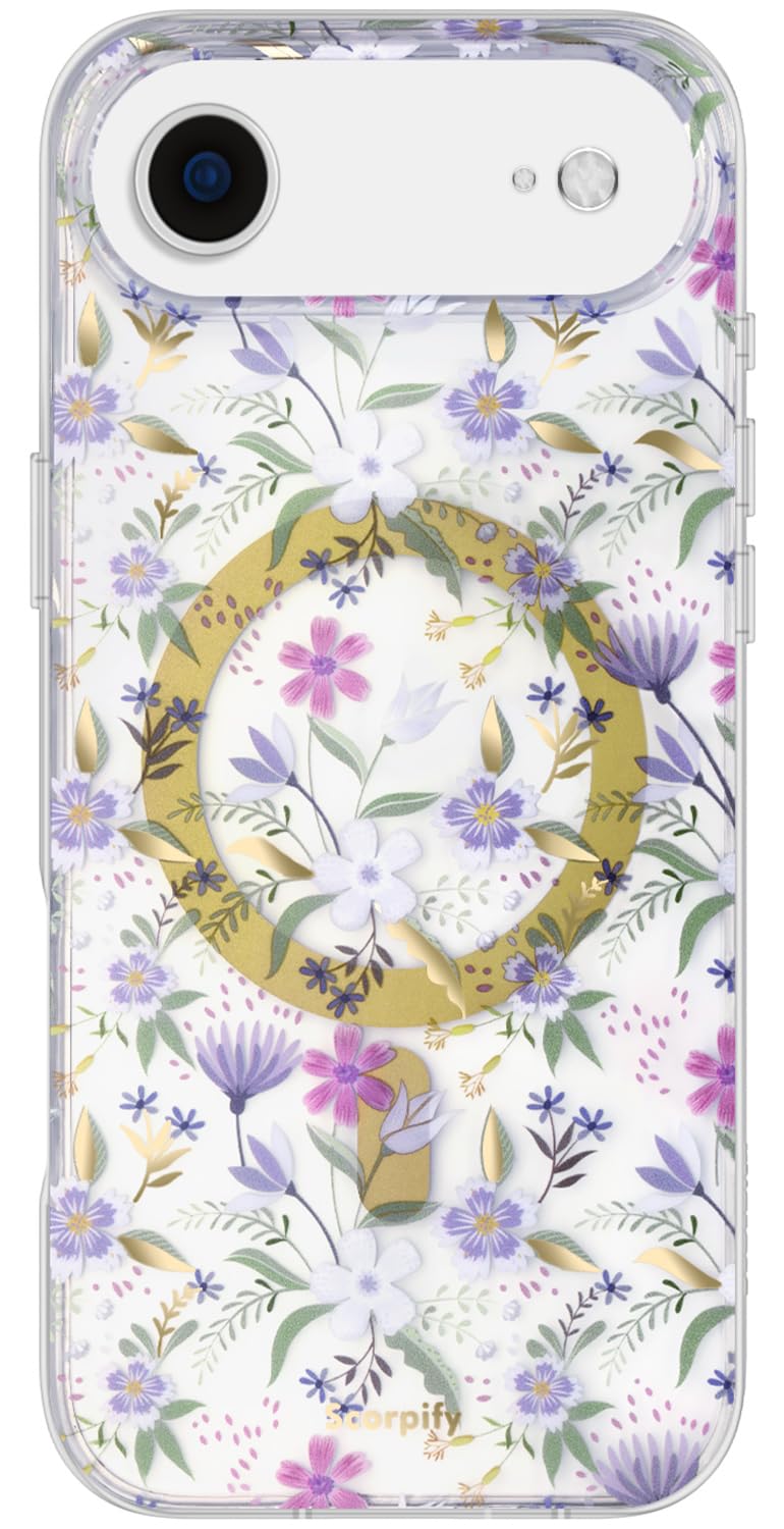 SCORPIFY for iPhone 17 Air Case [Compatible with MagSafe] with Purple Cherry Floral Design, Cute Clear Flower Magnetic Phone Cov