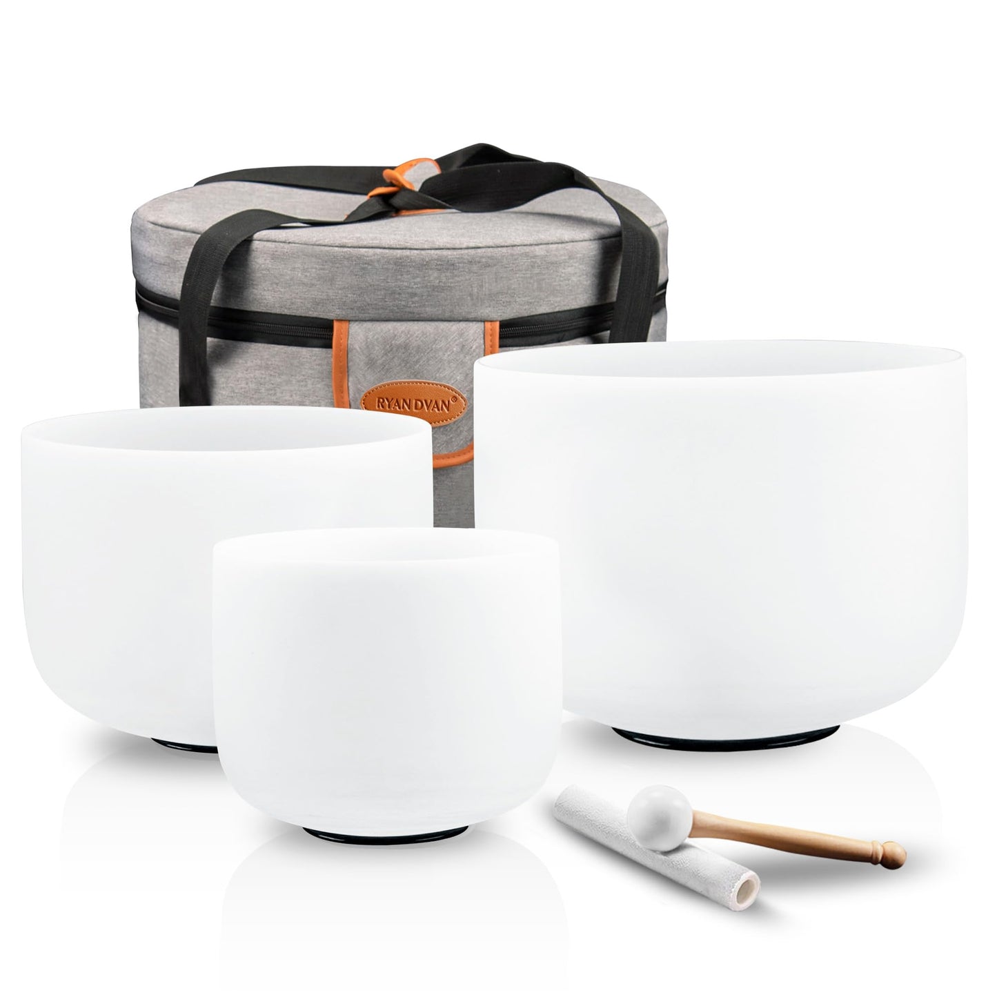 RYAN DVAN Crystal Singing Bowl Set of 3, 6 A Third Eye, 7 G Throat, 8 E Solar Plexus with Case Suede Striker & O-Ring Sound Ther