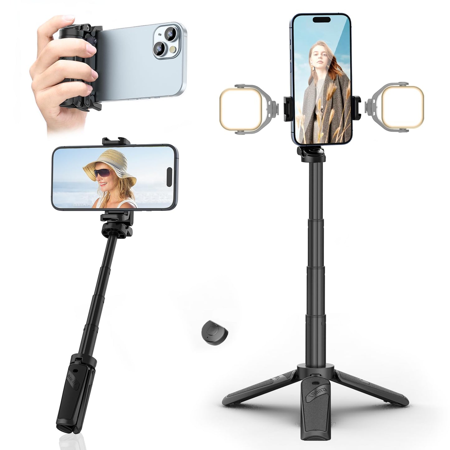 ULANZI JJ02 Mini Phone Tripod with Romote for iPhone - 3 in 1 Cell Phone Selfie Stick Tripod Stand, 4 Sections Extenable Foldabl