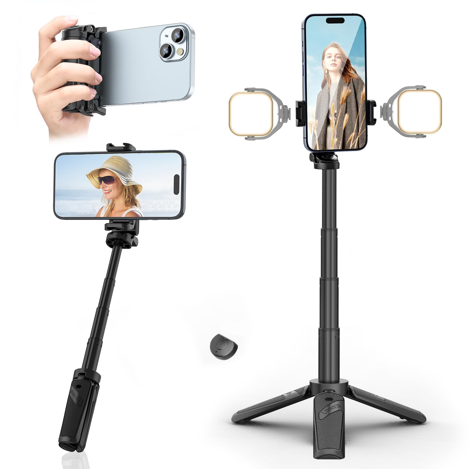 ULANZI JJ02 Mini Phone Tripod with Romote for iPhone - 3 in 1 Cell Phone Selfie Stick Tripod Stand, 4 Sections Extenable Foldabl