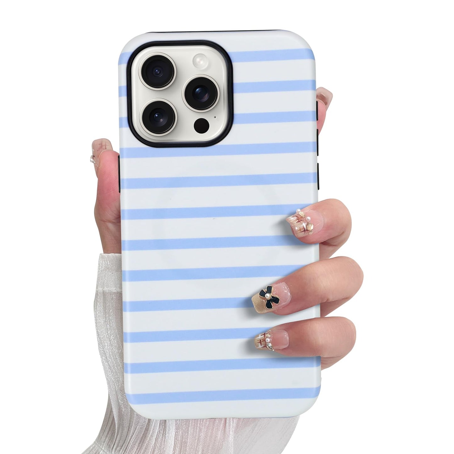 SOKAD Magnetic Horizontal Stripes Phone Case for iPhone 15 Pro Max, Cute Light Blue Striped Line Pattern Compatible with Magsafe