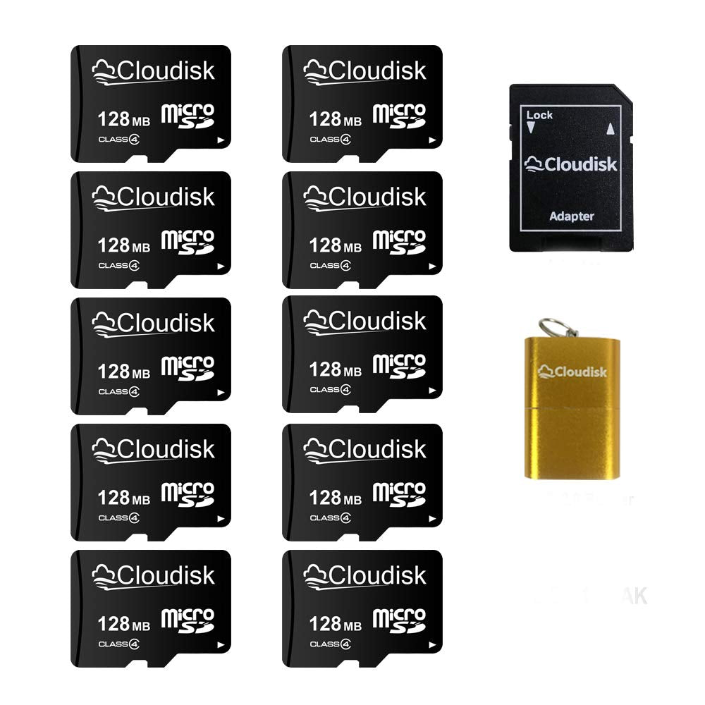 Cloudisk Pack of 10 Micro SD Card 128MB Small Capacity (Not 128GB) Memory Card C4 with Adapter, Card Reader (128MB=0.128GB)