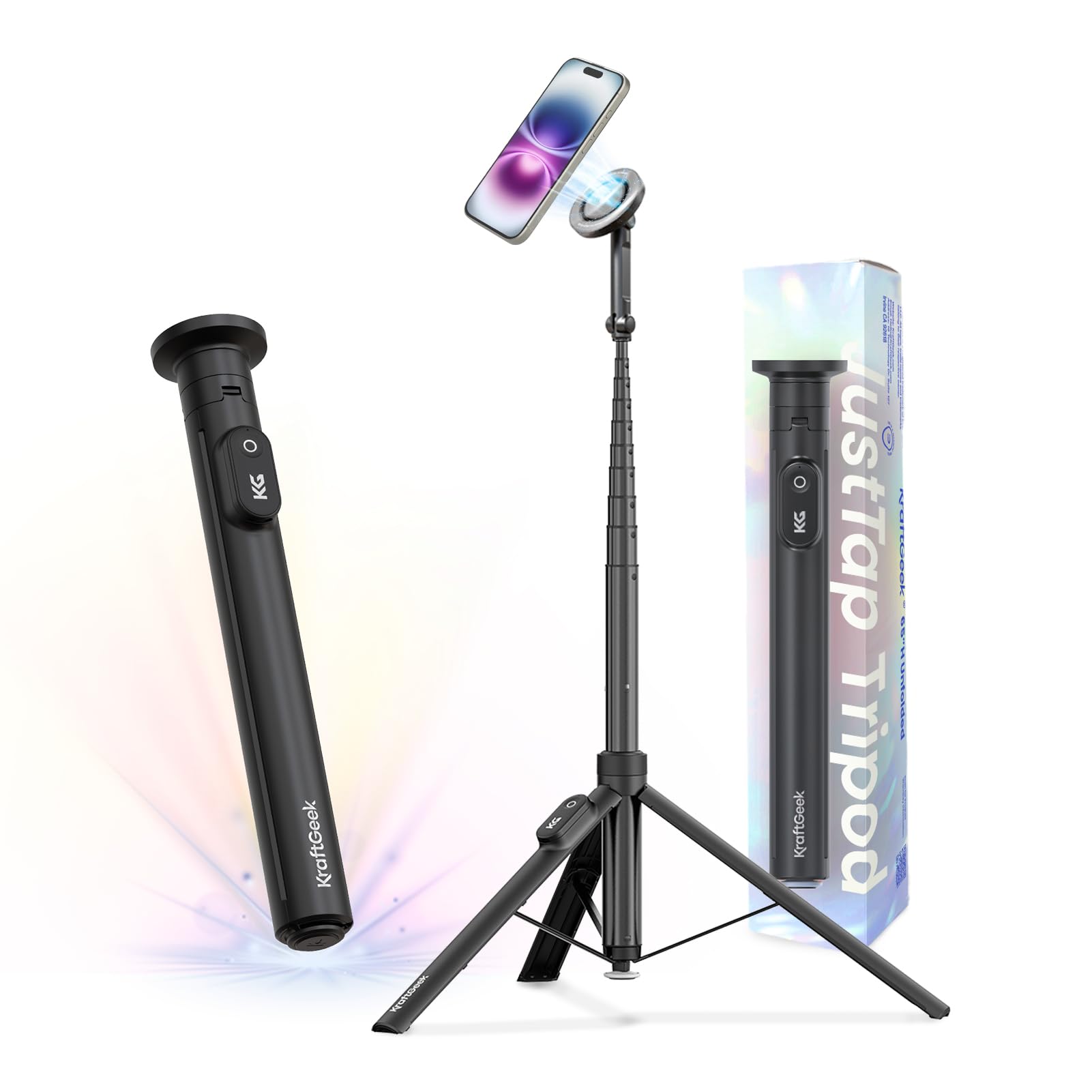 KraftGeek Magnetic Phone Tripod for iPhone MagSafe - 66 Automatic Selfie Stick with Remote, Portable Tripod Stand for Video Re