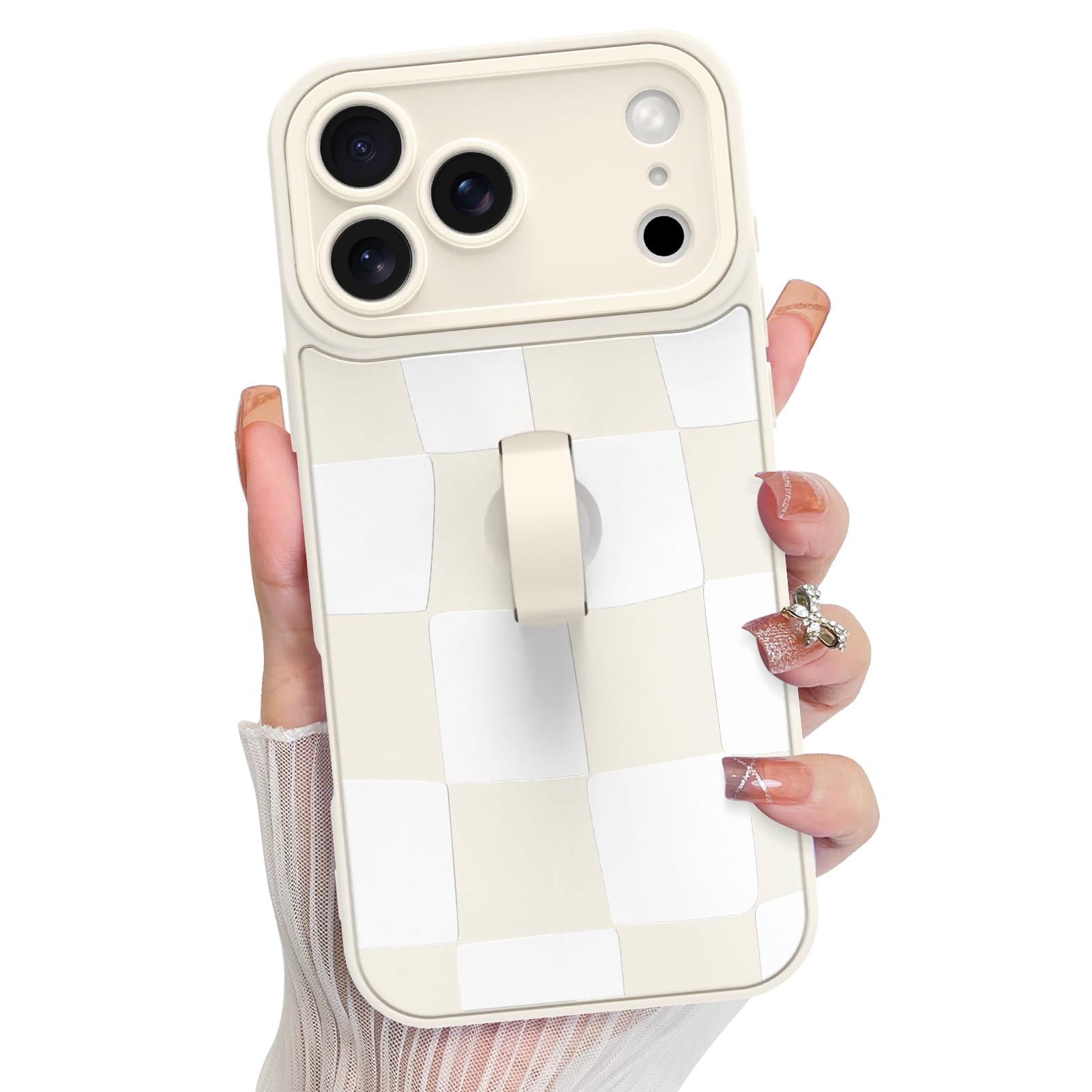 KANGHAR Compatible with iPhone 17 Pro Case 2025, Silicone Checkered Cute Pattern, Wristband Kickstand Camera Protection Soft Sli