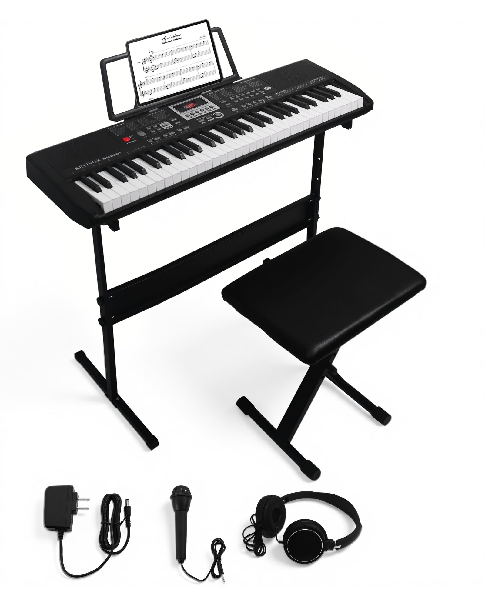 KEYIVOX 61 Key Electronic Keyboard Piano for Beginners, 200 Tones & Rhythms, with H Stand, Stool, Headphones, Microphone, Piano