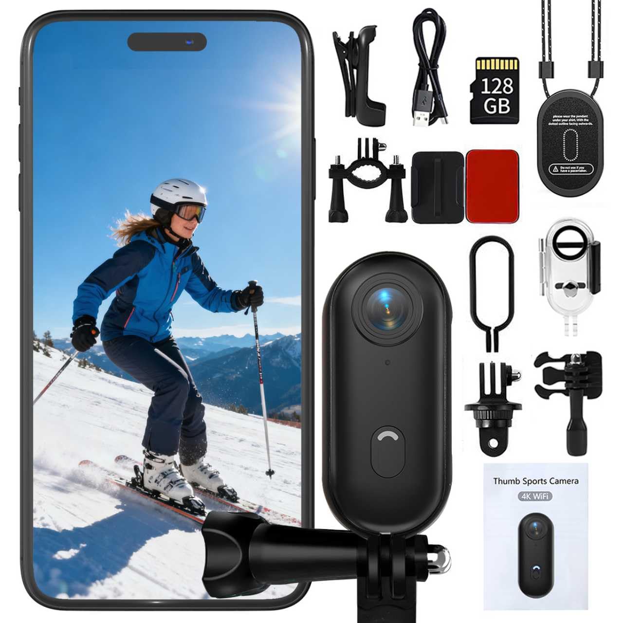 NUISK 4K Thumb Action Camera | 128G Sports Camera for POV Photoshooting: Waterproof Sports Camera The Size of a Thumb Suitable f