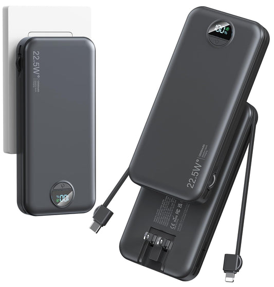 12000mAh Ultra-Portable-Charger-Power-Bank with Built in Cables&AC Wall Plug, PD20W USB-C Fast Charging Cell Phone Charger Batte