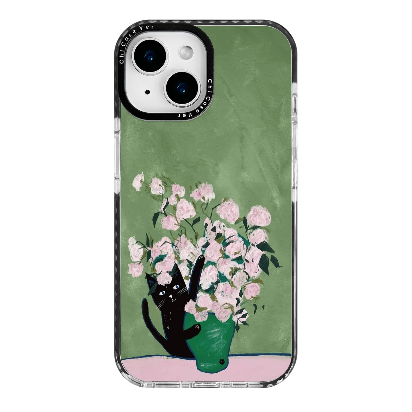 ChiCaseVer for iPhone 13 Case,Vintage Cat & Floral Art on Green Design Pattern Aesthetics,Military-Grade Drop Protection, Artist