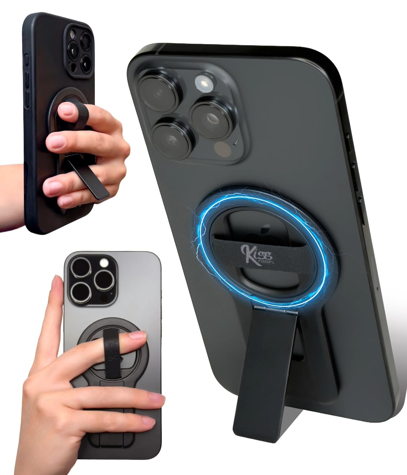 KISS GRIPS Phone Grip for MagSafe, Holder, Loop, and Kickstand - Ultra-Thin Dual Magnetic 360 Spin Tripod, Selfie Stick, Phone S