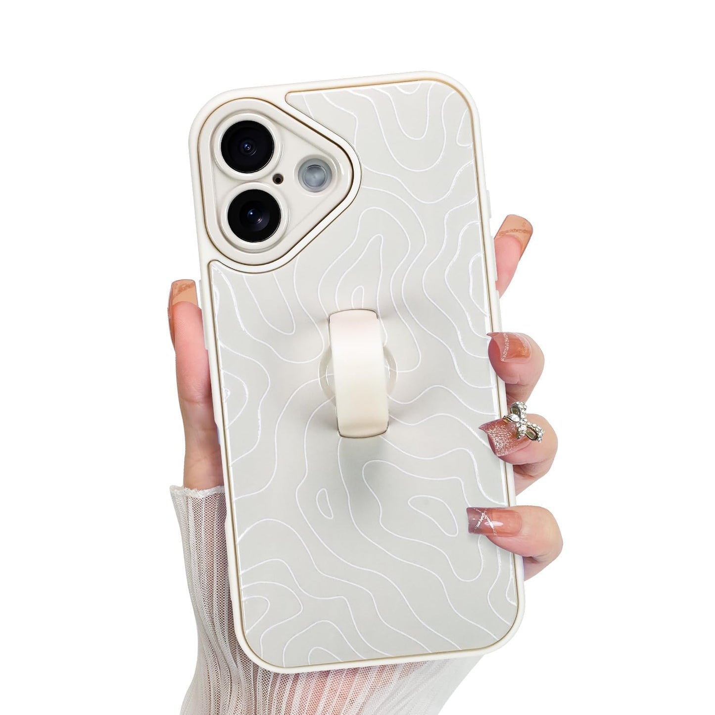 KANGHAR Compatible with iPhone 16 Case, Silicone Wave Ripple Cute Pattern, Wristband Kickstand Camera Protection Soft Slim Cover