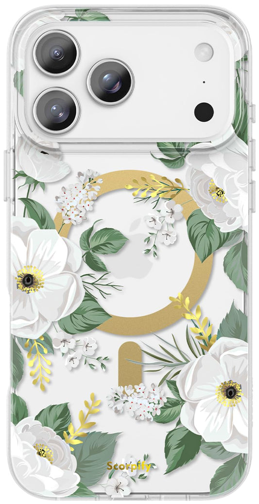 SCORPIFY for iPhone 17 Pro Max Case [Compatible with MagSafe] with White Rose Floral Design, Cute Clear Flower Magnetic Phone Co