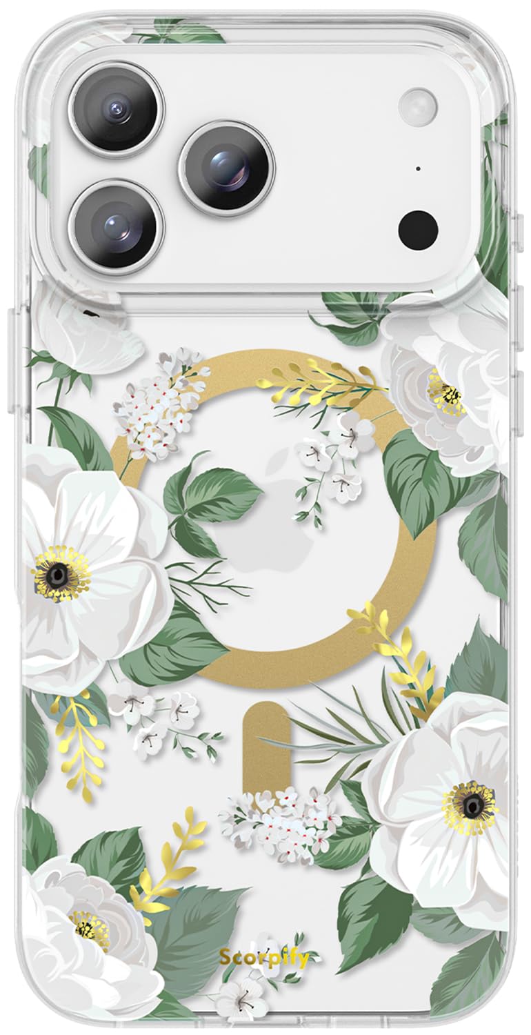 SCORPIFY for iPhone 17 Pro Case [Compatible with MagSafe] with White Rose Floral Design, Cute Clear Flower Magnetic Phone Cover