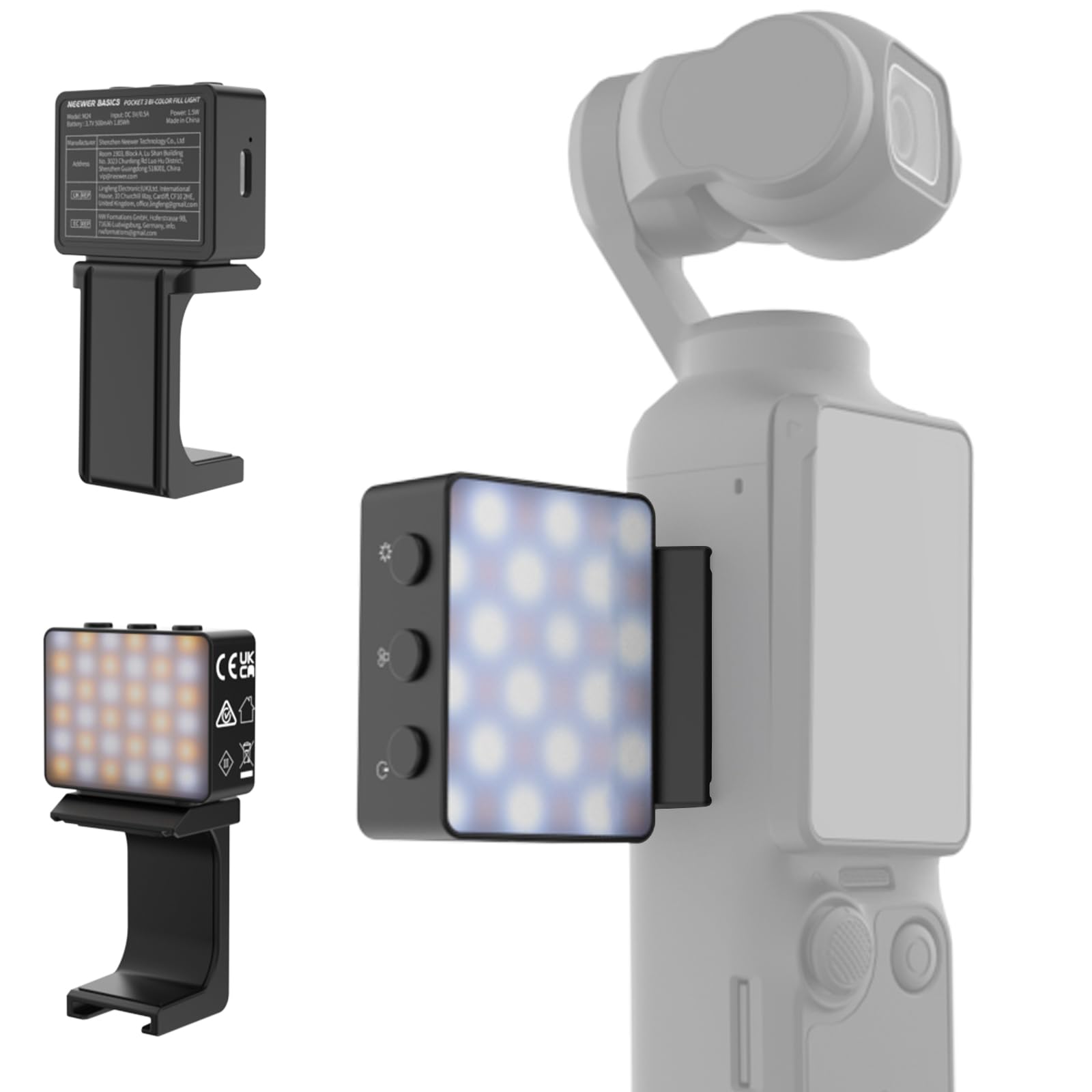 NEEWER Basics Bi Color Magnetic Camera Auxiliary Light Compatible with DJI OSMO Pocket 3, 1.5W Rechargeable Plastic Mini LED Fil