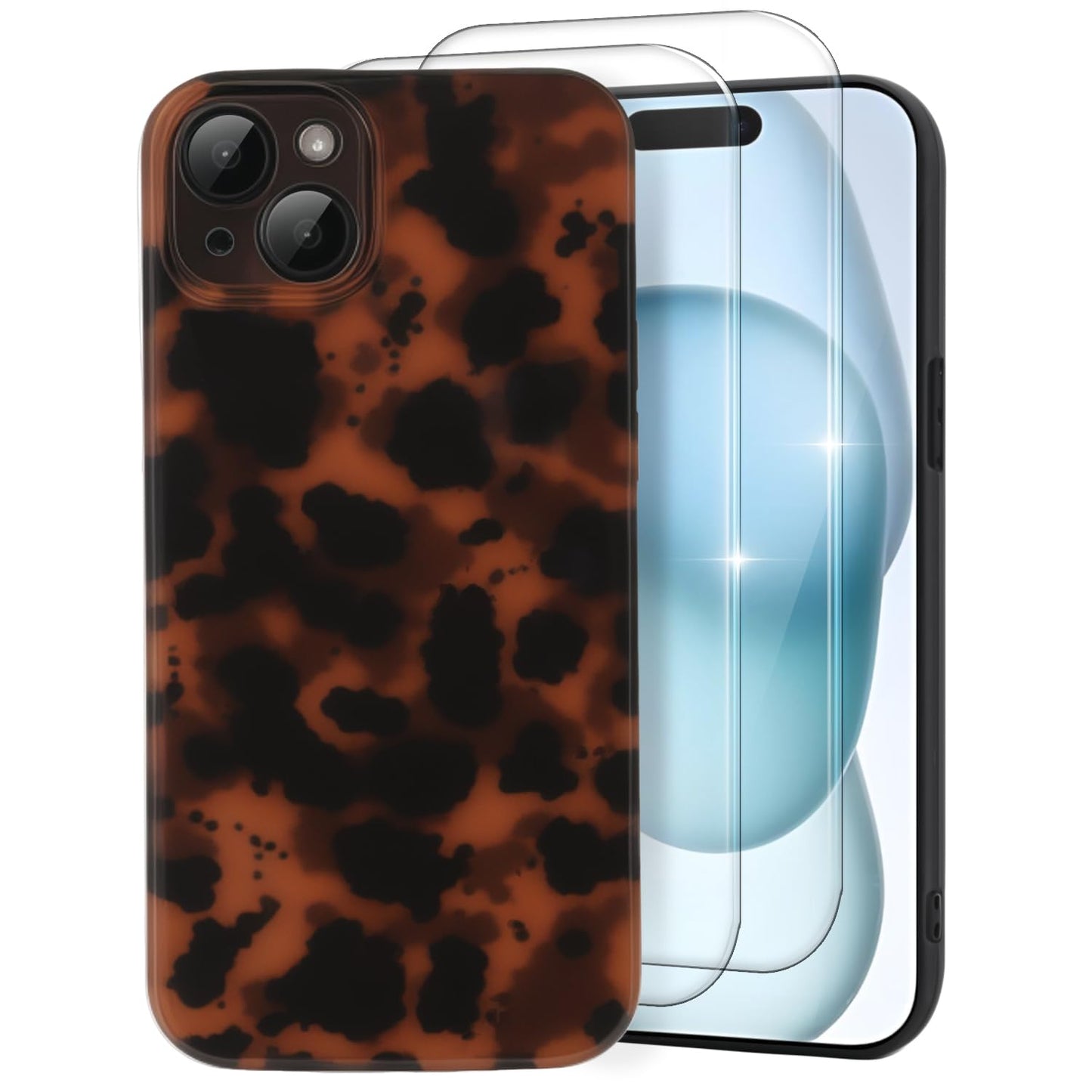 Cute Phone Case for iPhone 15 Case, [with 2X Screen Protector] Tortoise Shell Pattern Leopard Full Camera Protective Slim Shockp