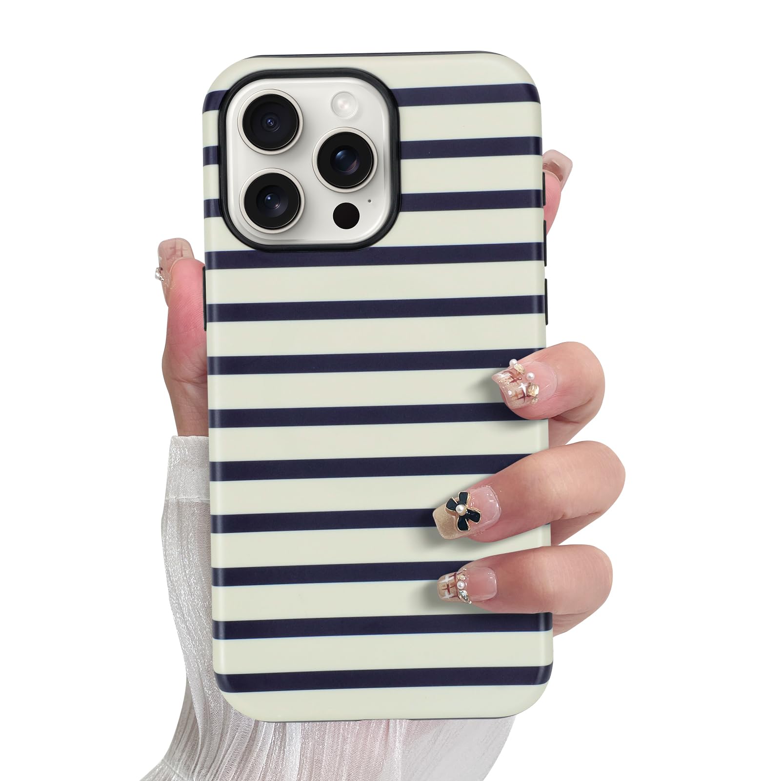 SOKAD Magnetic Horizontal Stripes Phone Case for iPhone 15 Pro, Cute Navy Blue Striped Line Pattern Compatible with Magsafe Matt