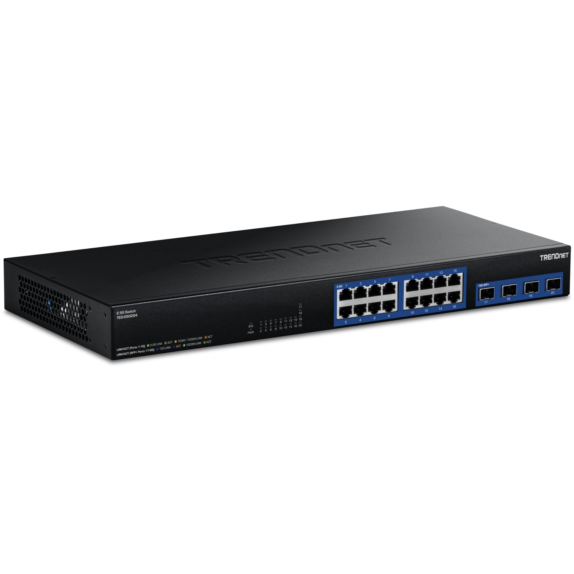 TRENDnet 20-Port 2.5G/Multi-Gig Switch with 10G SFP+ Ports, TEG-S50204, 16 x 2.5G RJ-45 Ports, 4 x 10G SFP+ Ports, 160Gbps, 1U R