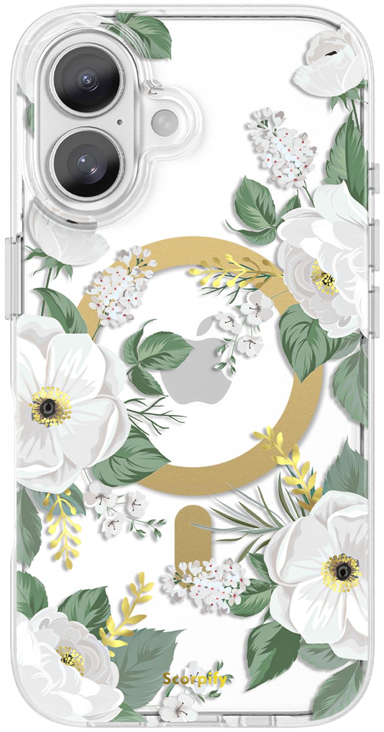 SCORPIFY for iPhone 17 Case [Compatible with MagSafe] with White Rose Floral Design, Cute Clear Flower Magnetic Phone Cover for
