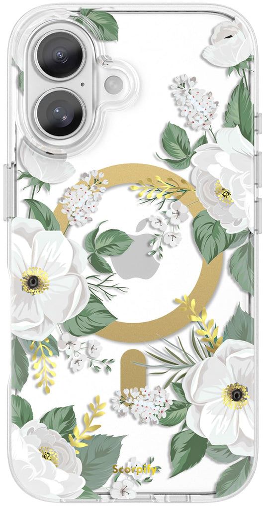 SCORPIFY for iPhone 17 Case [Compatible with MagSafe] with White Rose Floral Design, Cute Clear Flower Magnetic Phone Cover for