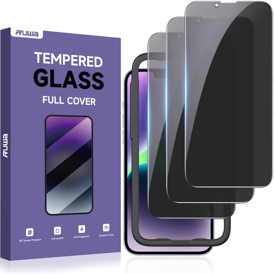 ruwa Privacy Screen Protector for iPhone 13/13 Pro/14/16e [3-Pack][6.1 Inch] Display Tempered Glass Film with Easy Installation