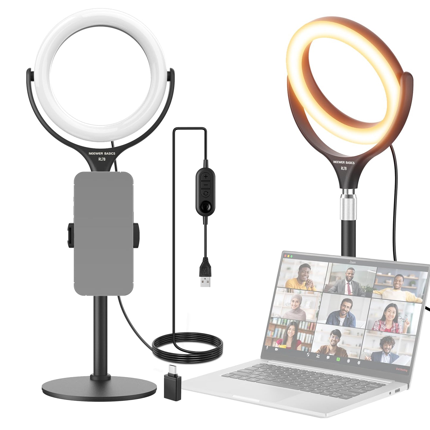 NEEWER Basics 7 Desk Ring Light with Stand/Phone Holder Compatible with iPhone, 10W CRI95+ Bi Color LED Selfie Light for TikTok