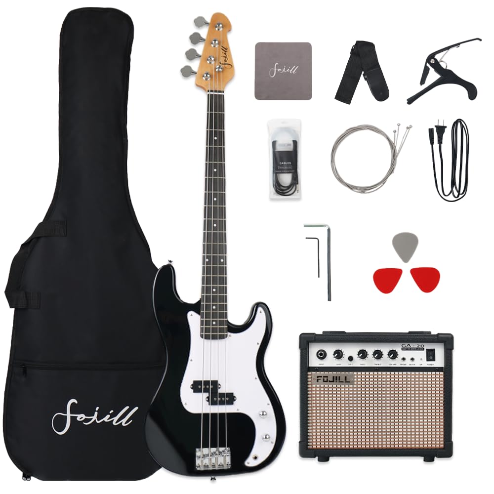 Fojill Full Size 4 Four String Electric Bass Guitar 20W Amplifier Amp Right Hand Beginner Starter Kit Set Combo Bundle Accessory