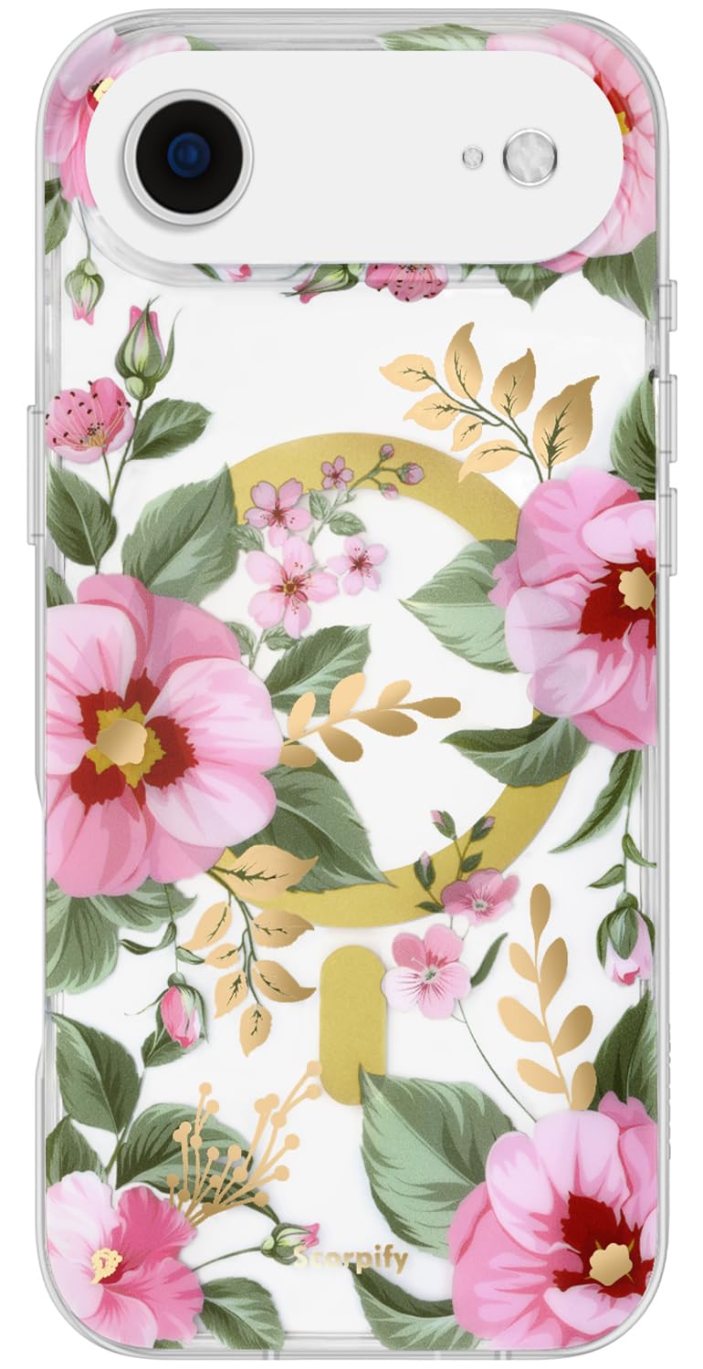 SCORPIFY for iPhone 17 Air Case [Compatible with MagSafe] with Pink Primrose Floral Design, Cute Clear Flower Magnetic Phone Cov