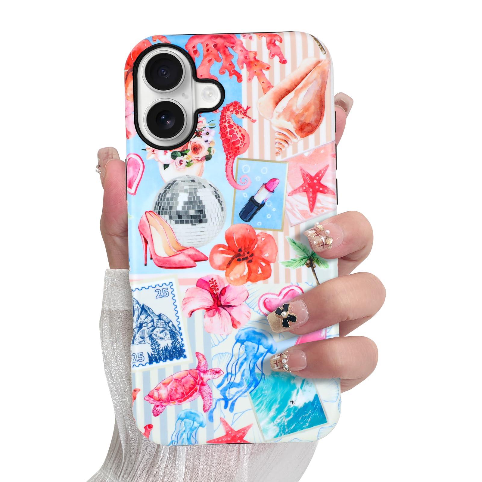 SOKAD Magnetic Summer Collage Phone Case for iPhone 16, Cute Beach Coastal Collage Pattern Compatible with Magsafe Matte Protect