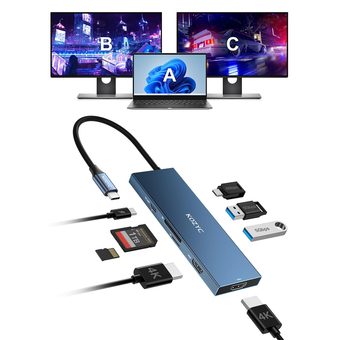 KOZYC USB C Docking Station Dual HDMI 4K@60Hz, 8-in-1 USB C Hub 2 HDMI, USBC 3.0, 2xUSB-A 3.0, SD/TF, 100W PD, Laptop Docking St