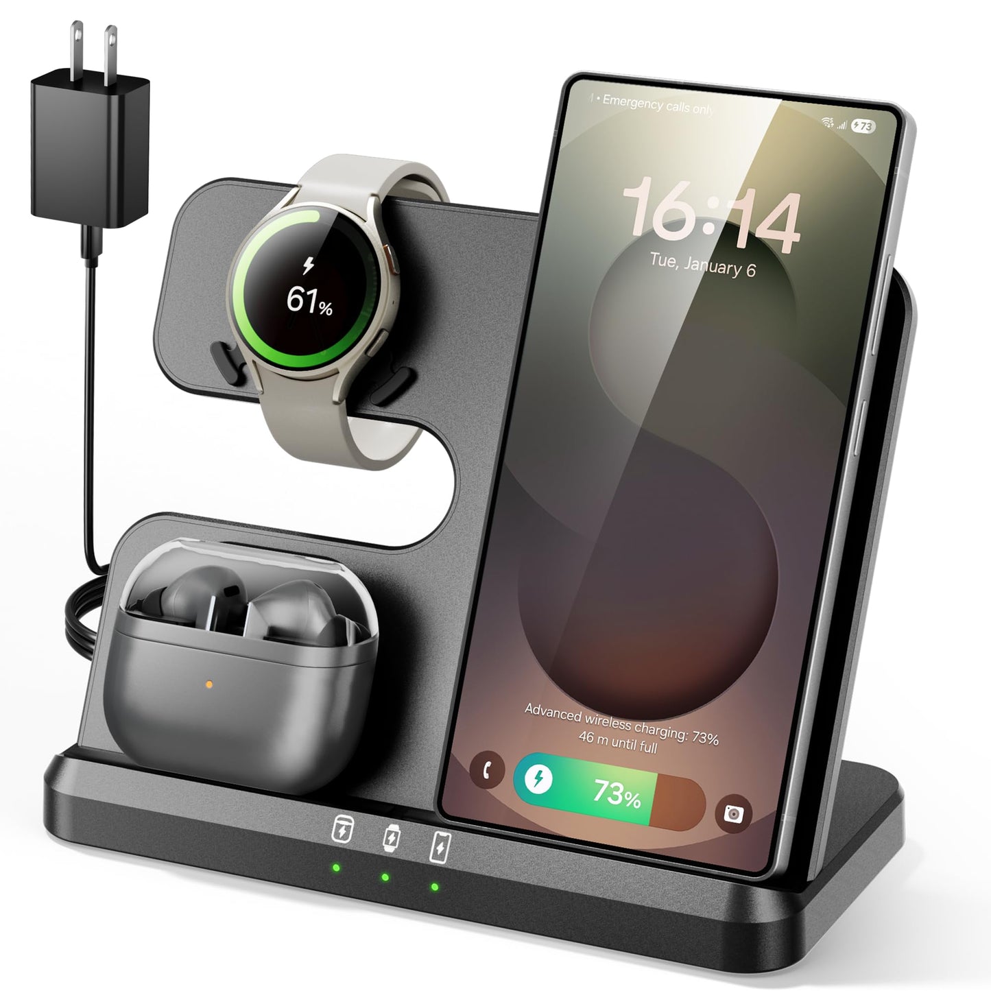 Eddibox 3 in 1 Charging Station for Samsung, Wireless Charger Stand for Galaxy S25 Ultra/S24/S23/Z Fold, Phone and Watch Charger
