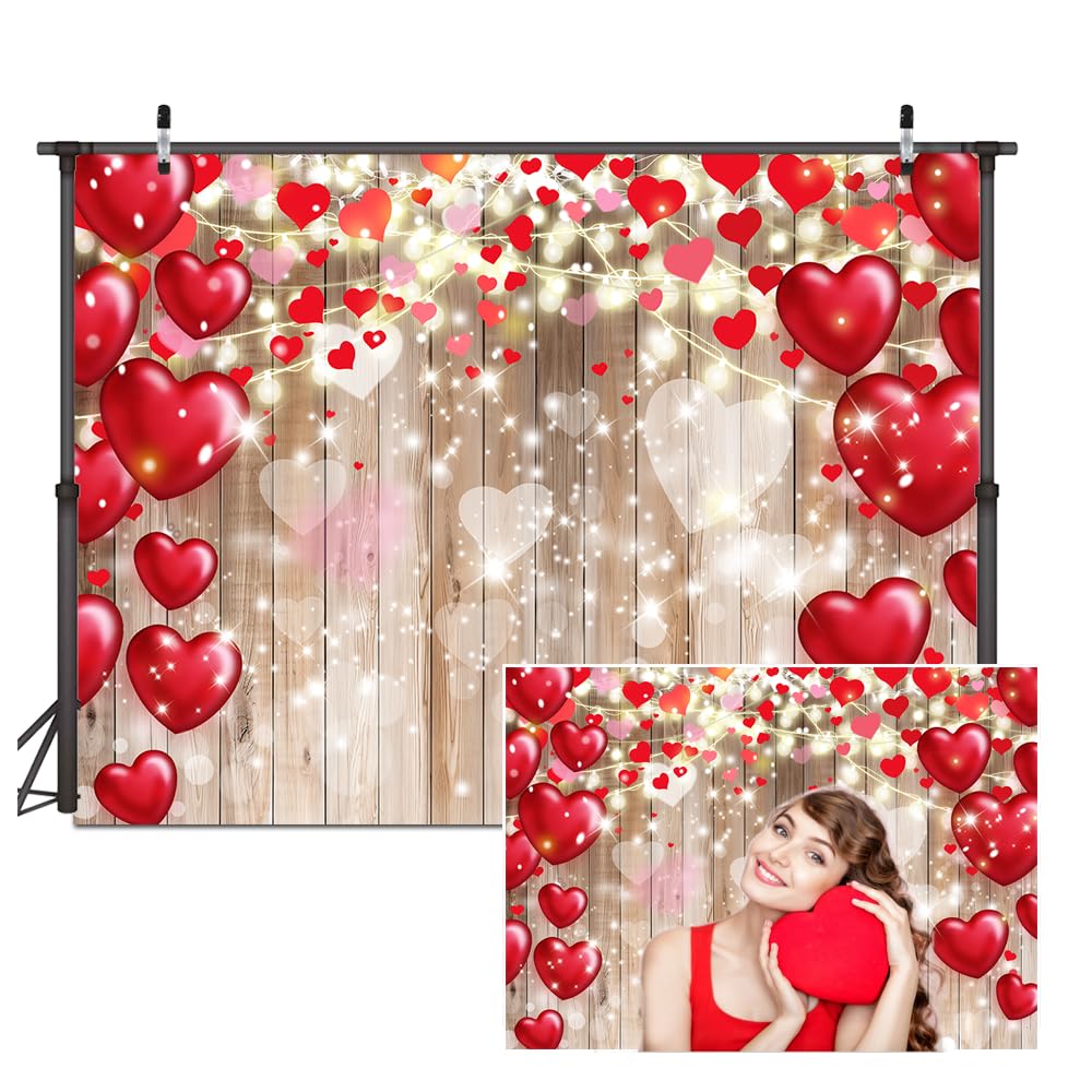 Dudaacvt 8X6ft Valentines Day Backdrop Rustic Wood Red Love Heart Background for Valentines Day Wedding Bridal Shower Party De