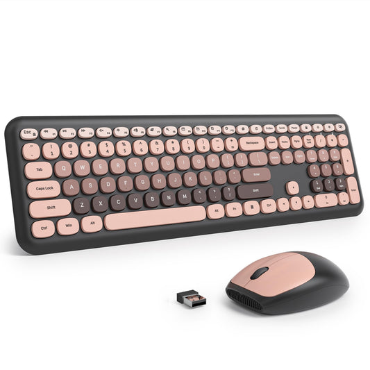 Surmen Cute Colorful Keyboard and Mouse Wireless Silent, Full-Size Retro Typewriter Wireless Quiet Black and Pink Keyboard Low-N