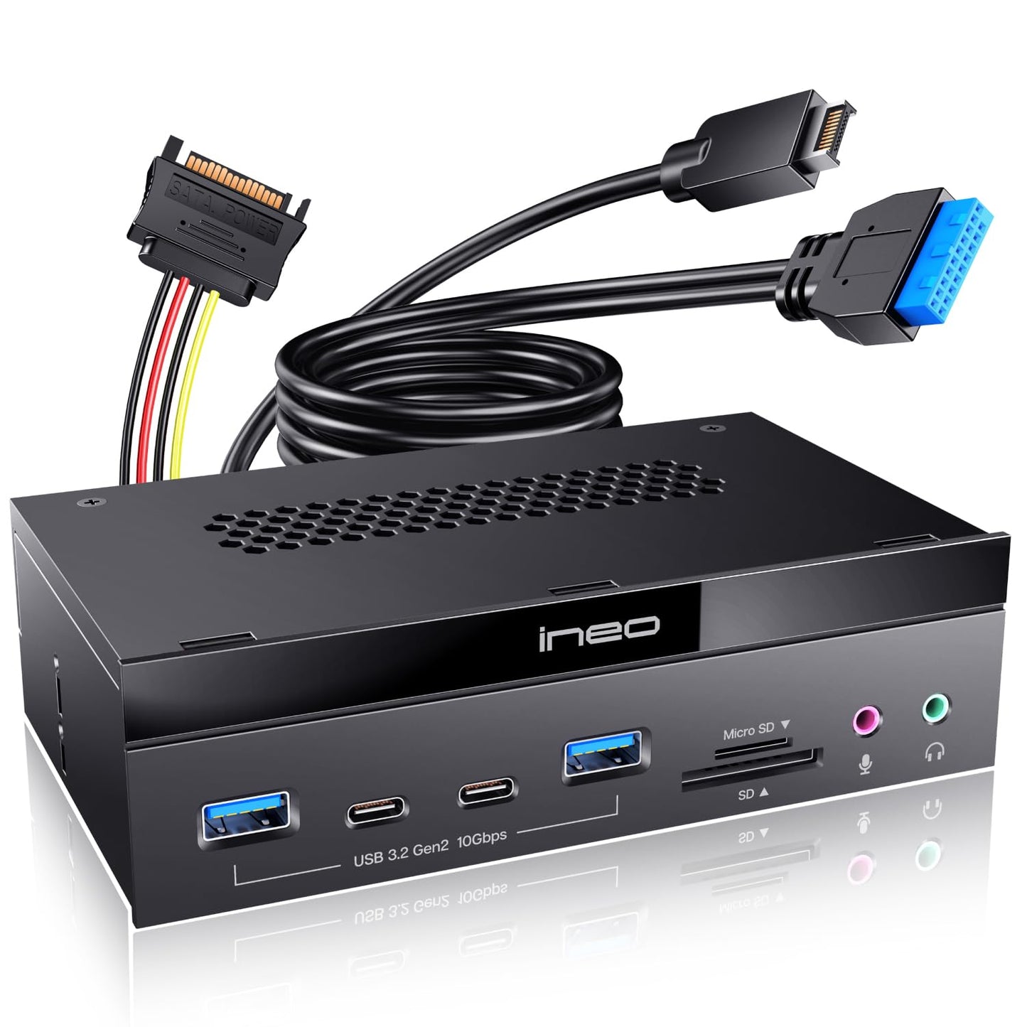 ineo 5.25 10Gbps USB 3.2 Front Panel Card Reader with Audio Ports - SD/microSD Internal Reader, USB3.2 Type-E Key-A 20-Pin & USB