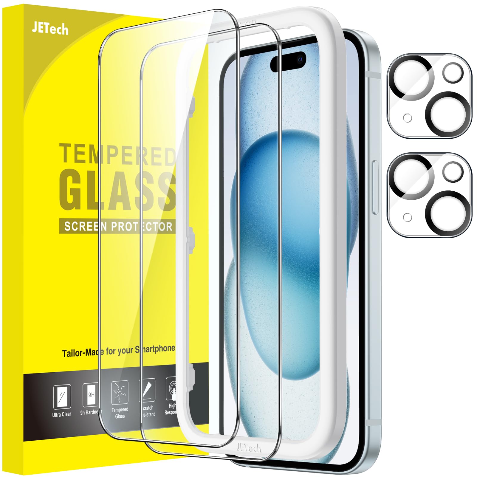 JETech Screen Protector for iPhone 15 Plus 6.7-Inch with Camera Lens Protector, Easy Installation Tool, Tempered Glass Film, HD