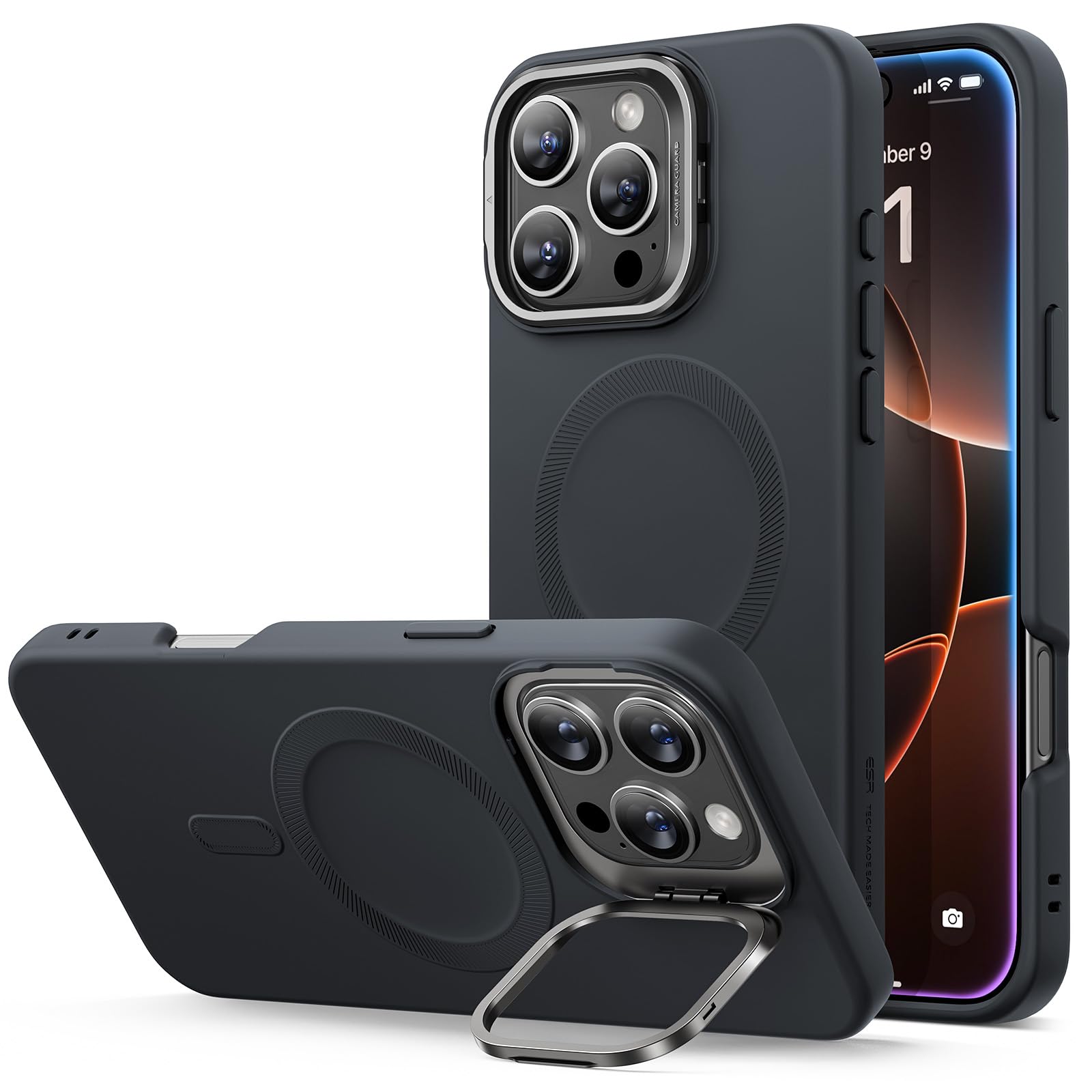 ESR for iPhone 16 Pro Max Case, Silicone Case with Stand, Compatible with MagSafe, Built-in Camera Stash Stand, Magnetic Phone C