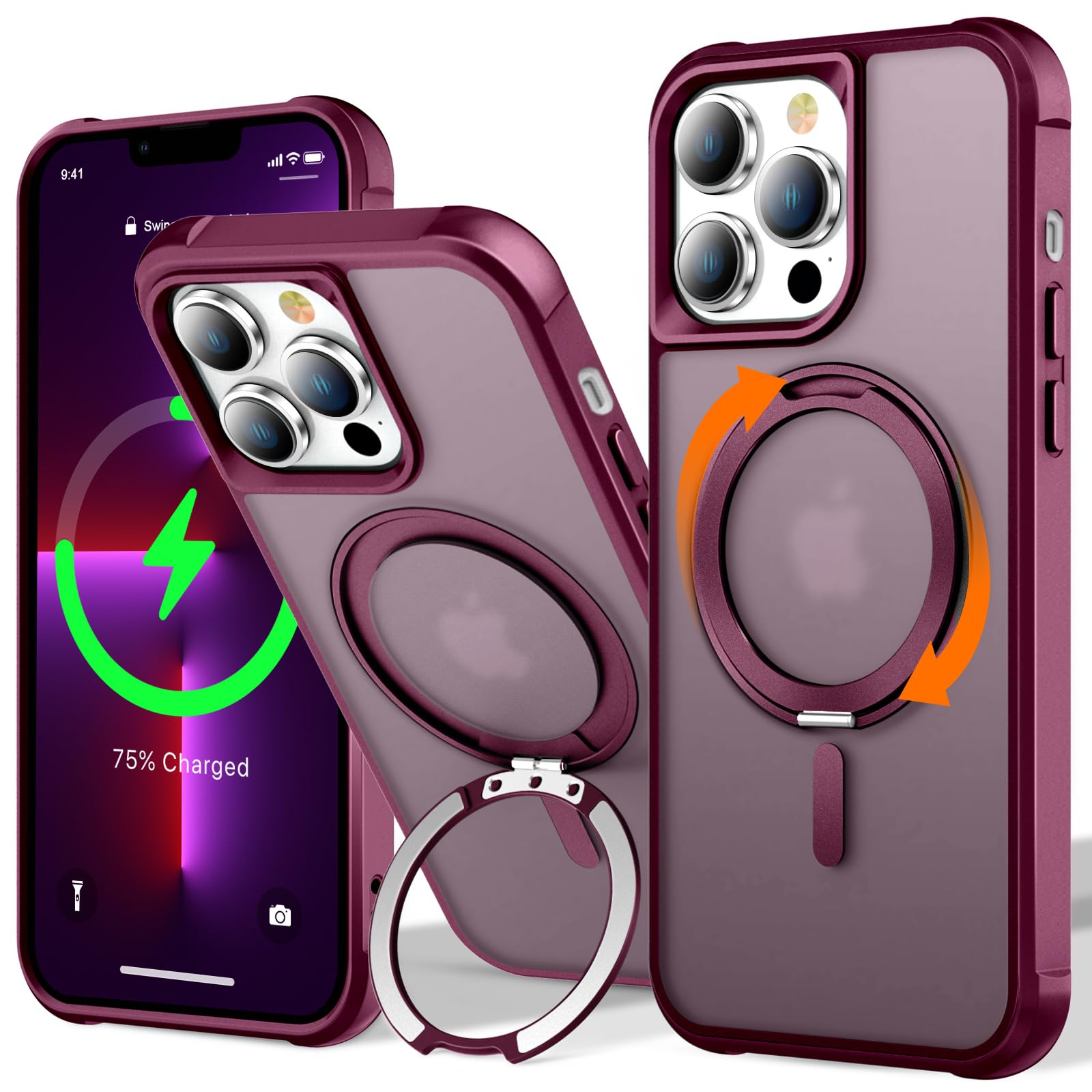 UMIONE 360 Rotatable Magnetic Ring Design for iPhone 13 Pro Max, Built-in Invisible Loop Stand, Compatible with Magsafe, Translu