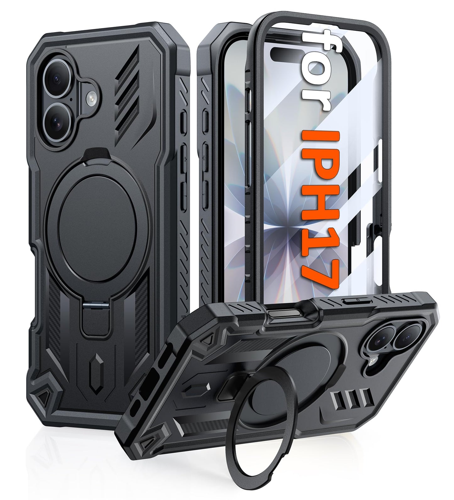 FNTCASE for iPhone 17 Phone Case: Magnetic Phone Cases with [Ring Kickstand] [Built-in Screen Protector] [Heavy Duty Military Gr