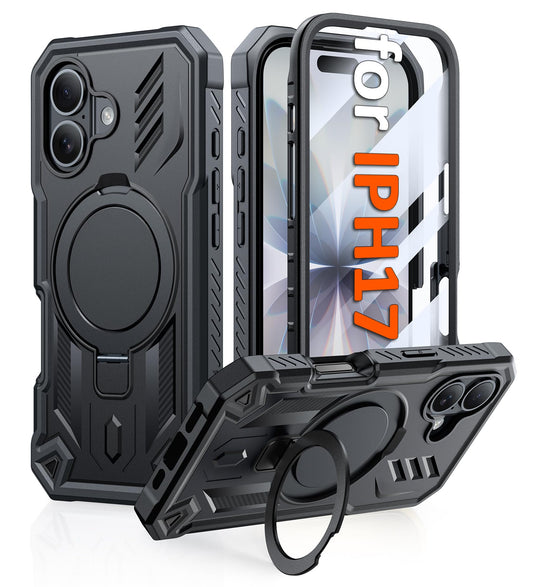 FNTCASE for iPhone 17 Phone Case: Magnetic Phone Cases with [Ring Kickstand] [Built-in Screen Protector] [Heavy Duty Military Gr
