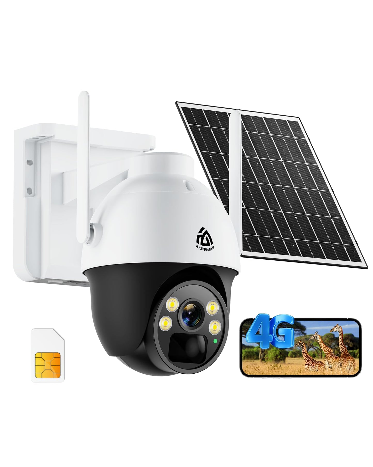 AKINGUAR No WiFi Security Camera with 4G LTE SIM Card, Wireless Outdoor Cellular Security Camera, 2K Color Night Vision, Solar P