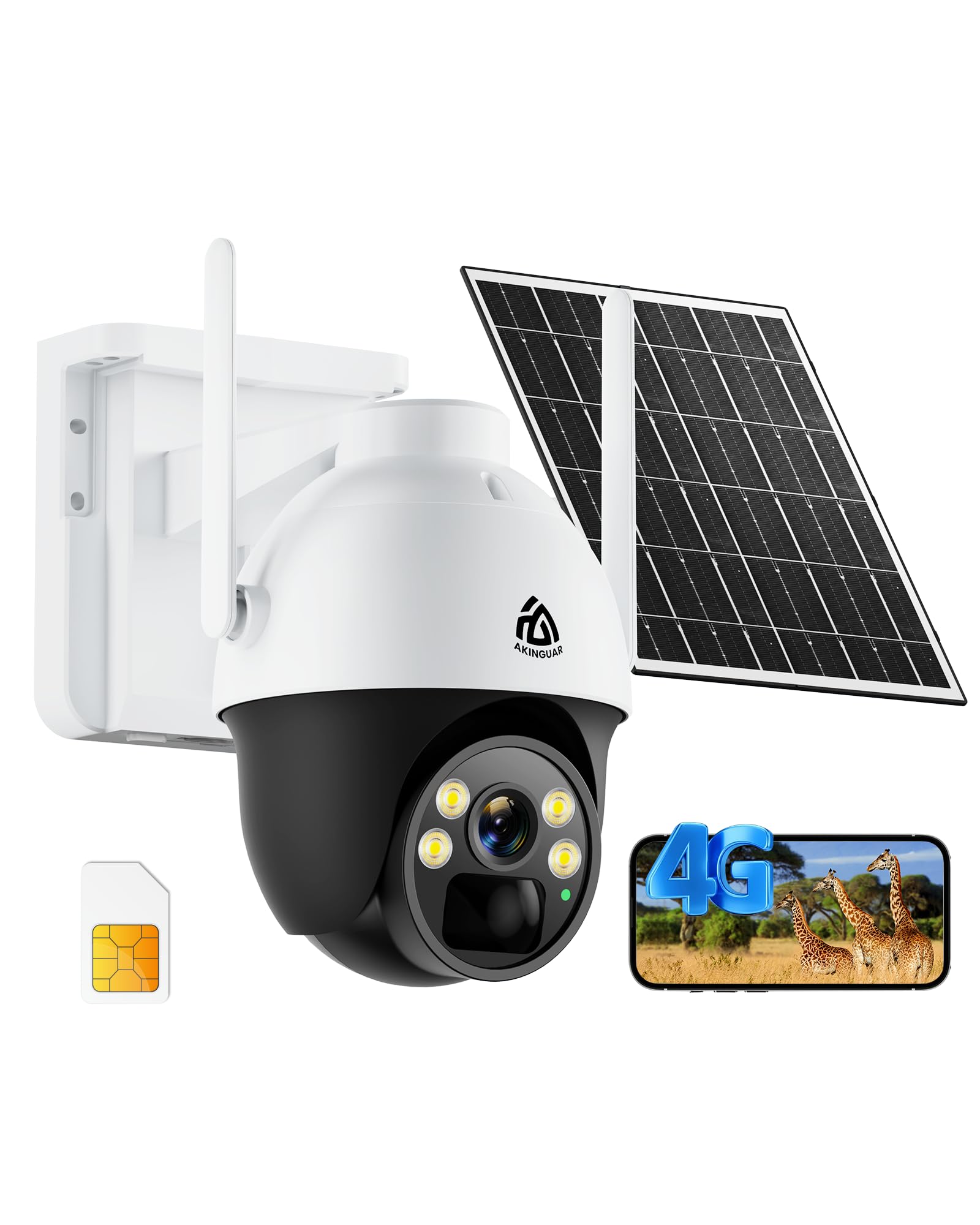 AKINGUAR No WiFi Security Camera with 4G LTE SIM Card, Wireless Outdoor Cellular Security Camera, 2K Color Night Vision, Solar P