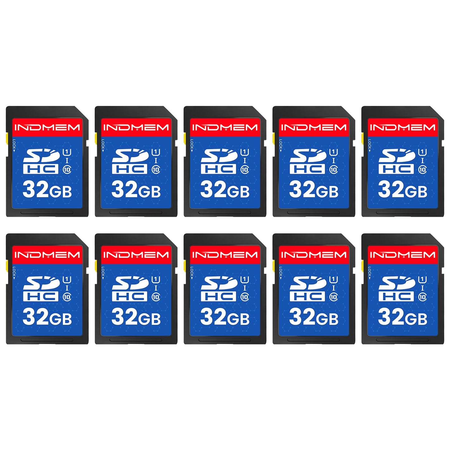 INDMEM SD Card 32GB, 10-Pack UHS-I Class 10 MLC Flash Memory Card, High-Speed Secure Digital Cards for Cameras, DSLR, Action Cam