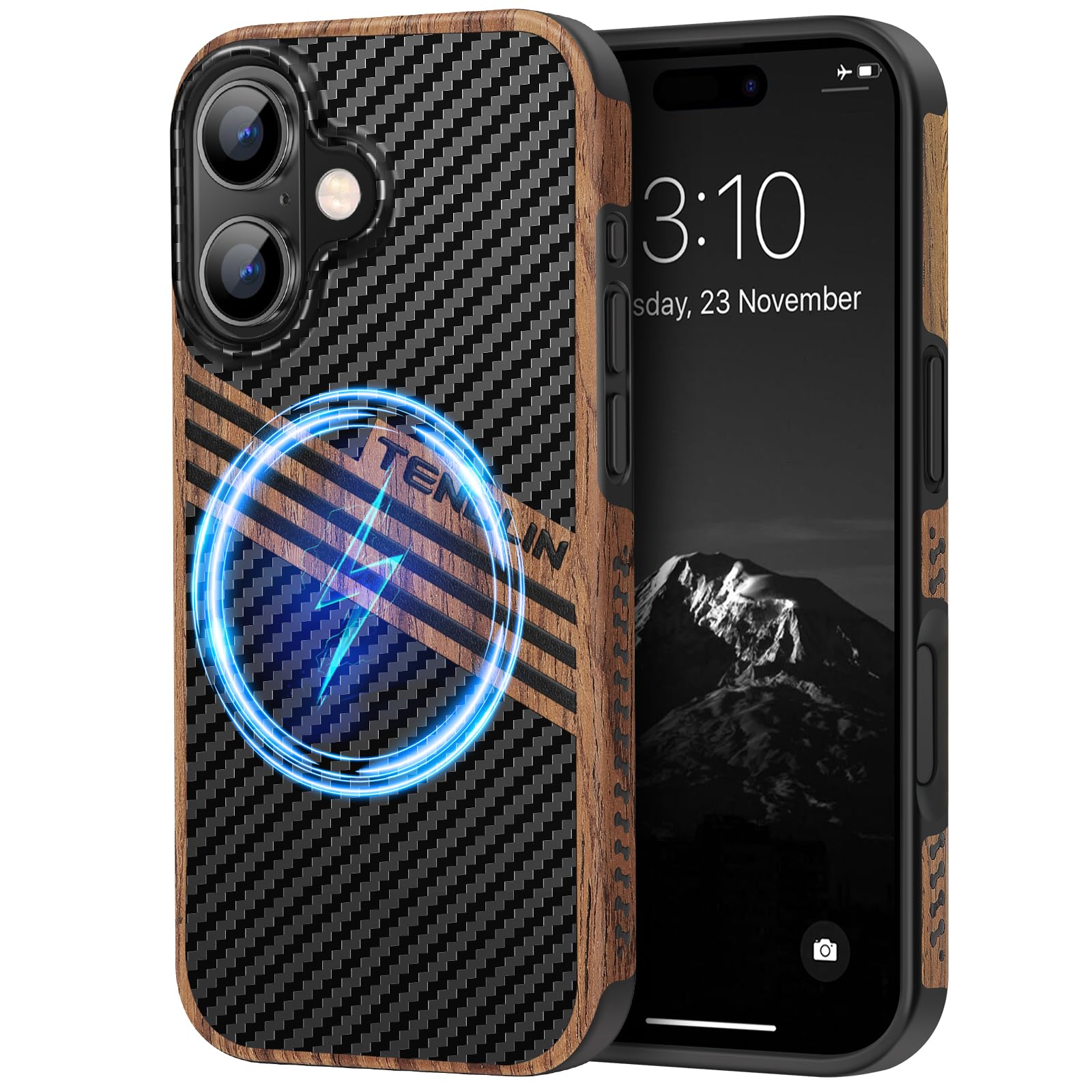 TENDLIN Magnetic Case Compatible with iPhone 16 Plus Phone Case Wood Grain with Carbon Fiber Texture Design Leather Hybrid Slim