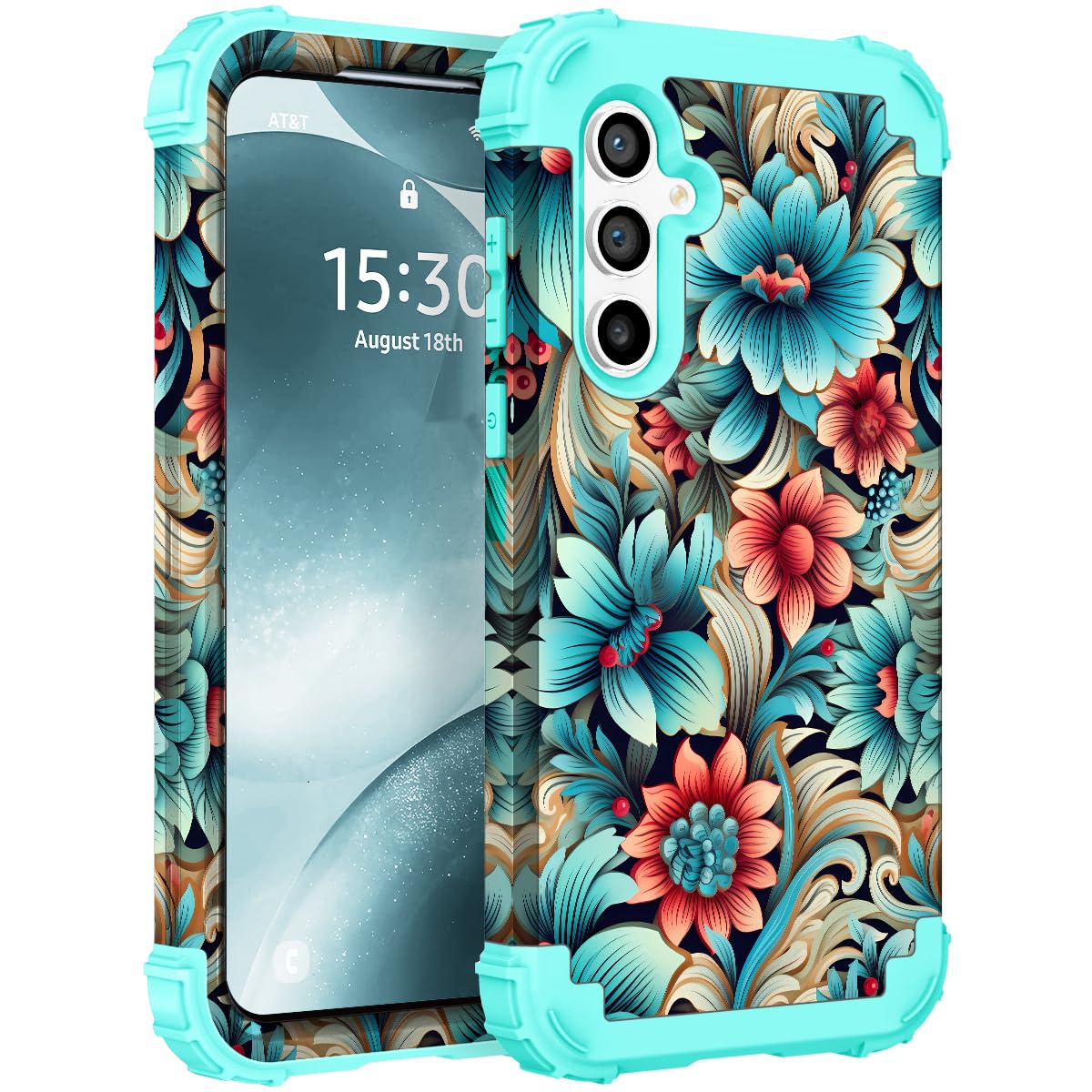 SleekCover for Galaxy S23 FE Case,3 in 1 Floral Pattern Heavy Duty Shockproof Protection Soft Silicone Rubber Bumper+Hard Plasti